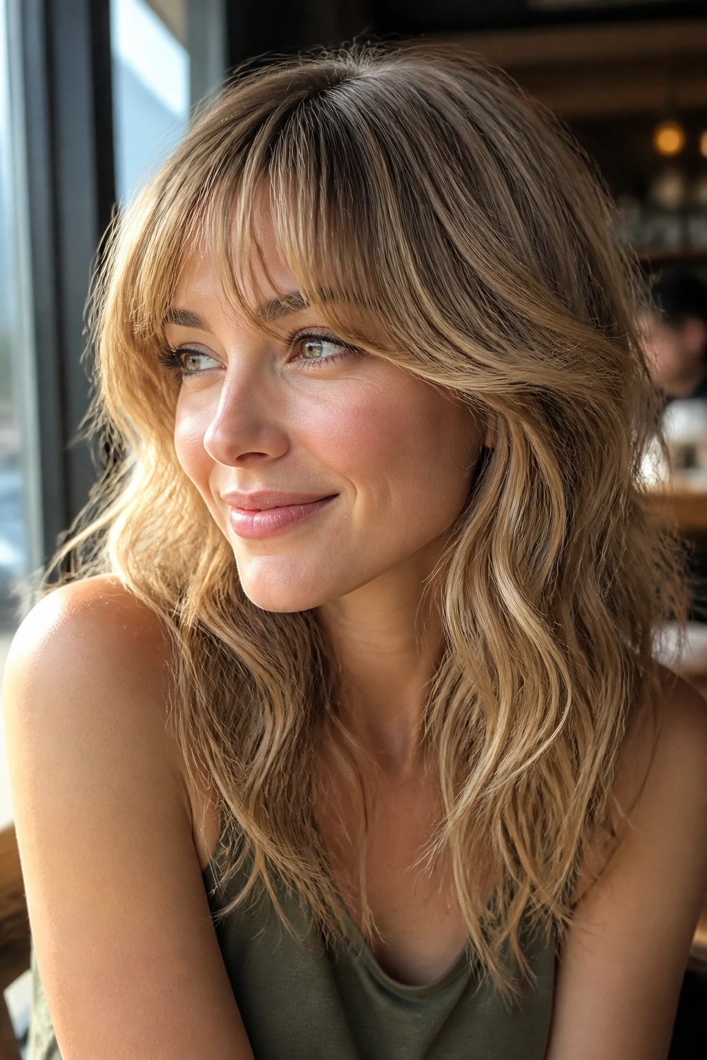 Real woman with soft graduated bangs on fine wavy hair.