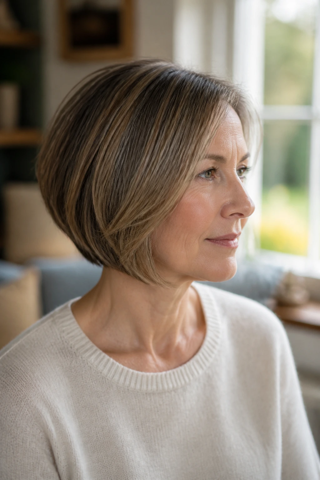 Close-up portrait of a real woman with a soft graduated bob featuring a subtle lift at the crown.