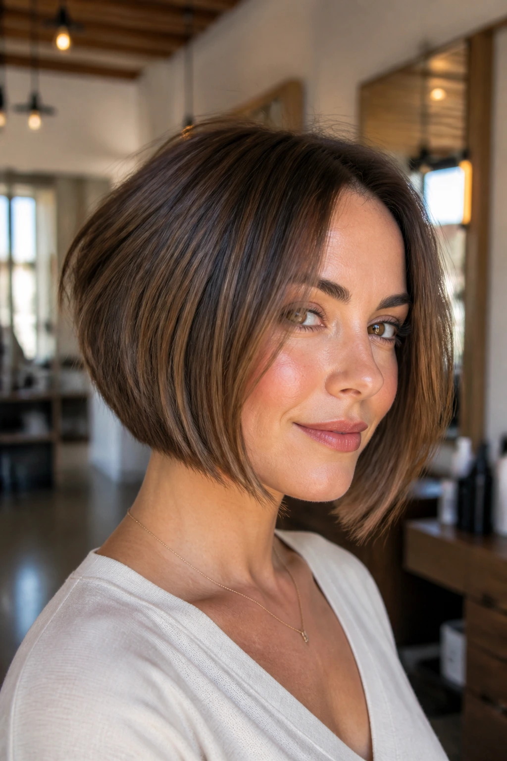 Close-up portrait of a real woman with a soft graduated bob in warm salon light.