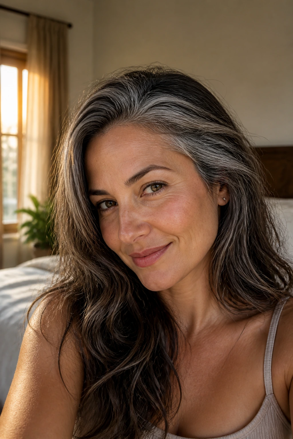 Portrait of a woman with a soft gray blend around temples for a low-maintenance look