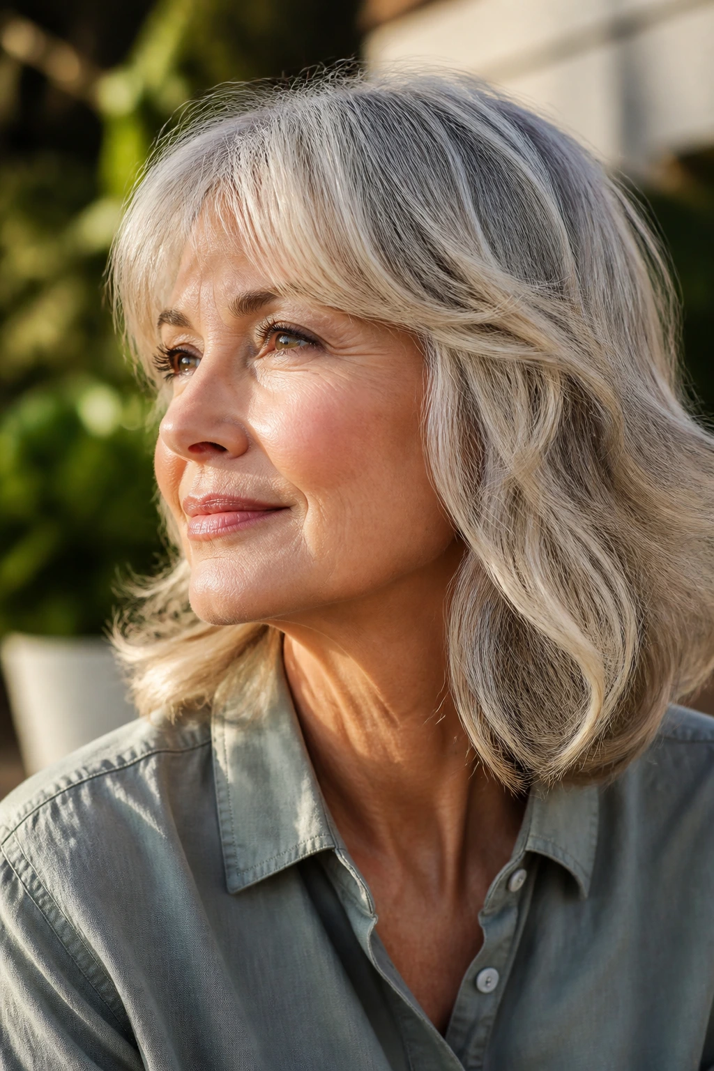 Portrait of a woman with soft-gray blended blonde with beige highlights outdoors.