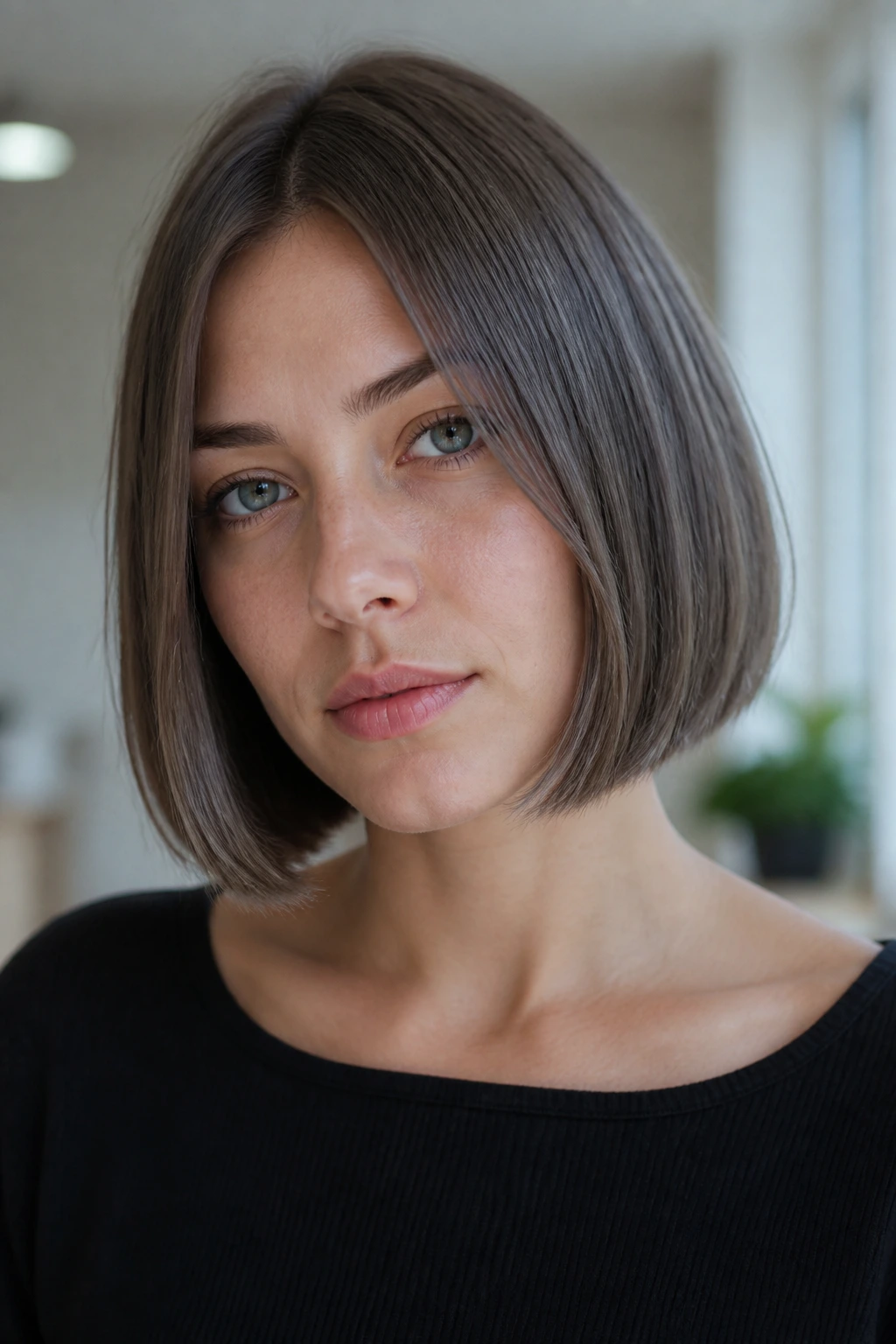 Close-up of a woman showing a blunt bob with ash gray brunette tones