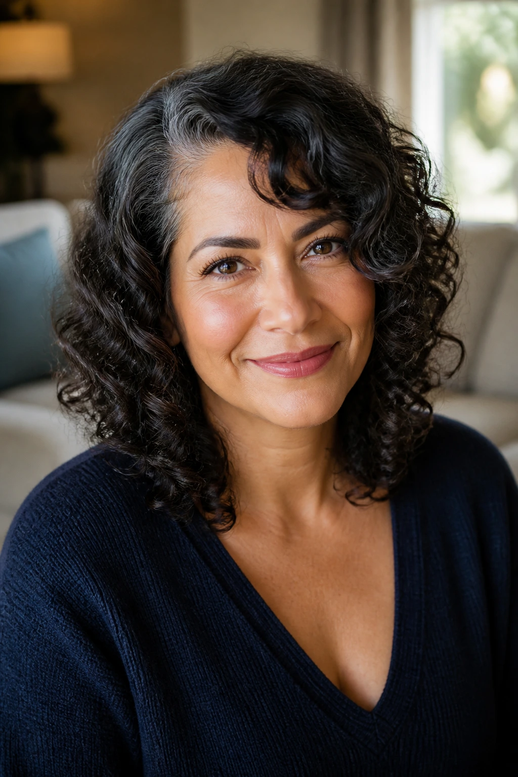 Close-up portrait of a real woman with dark curly hair side-parted with soft layered curls