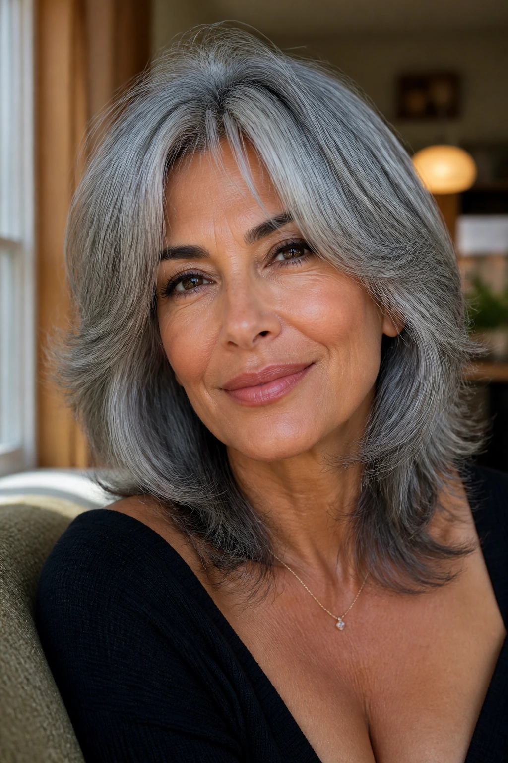 Close-up portrait of a real woman with a soft gray feather cut framing the face