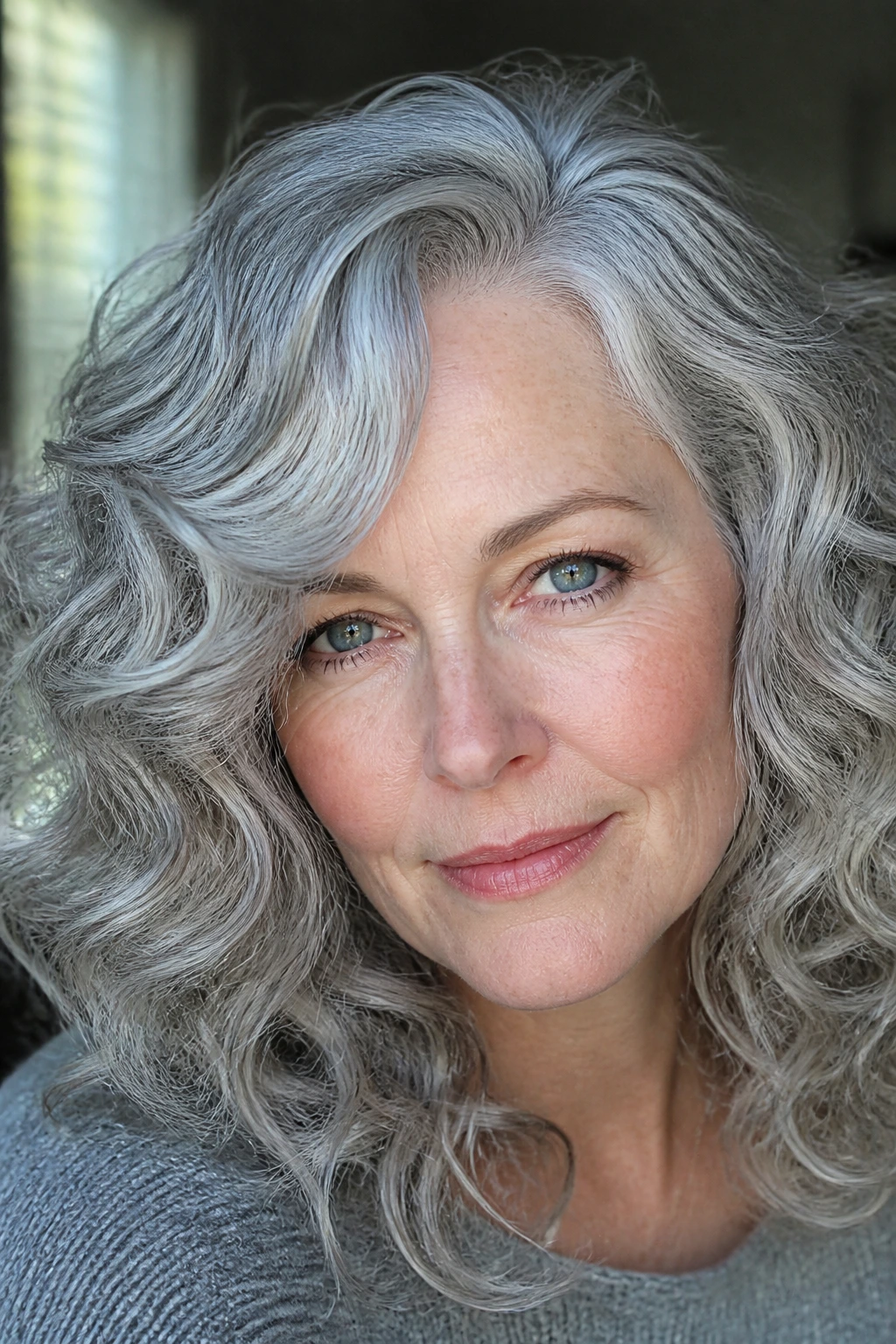 Close-up of soft grey curls with a deep side part bang on a pale-skinned real person.