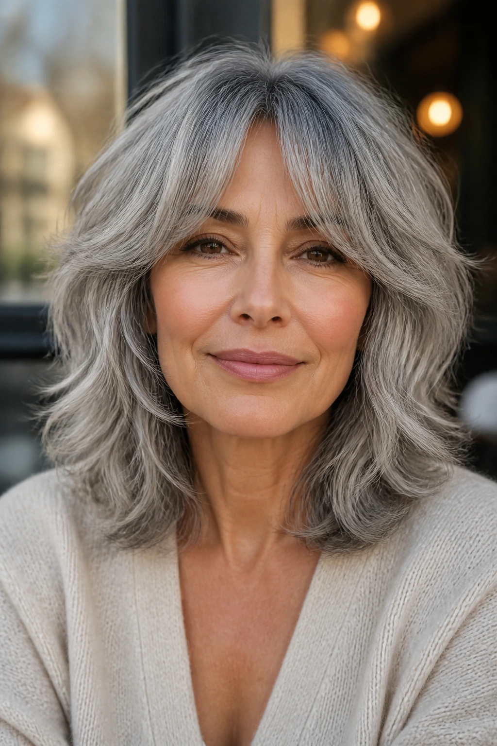 Portrait of a real woman with soft grey shag and curtain bangs under warm light