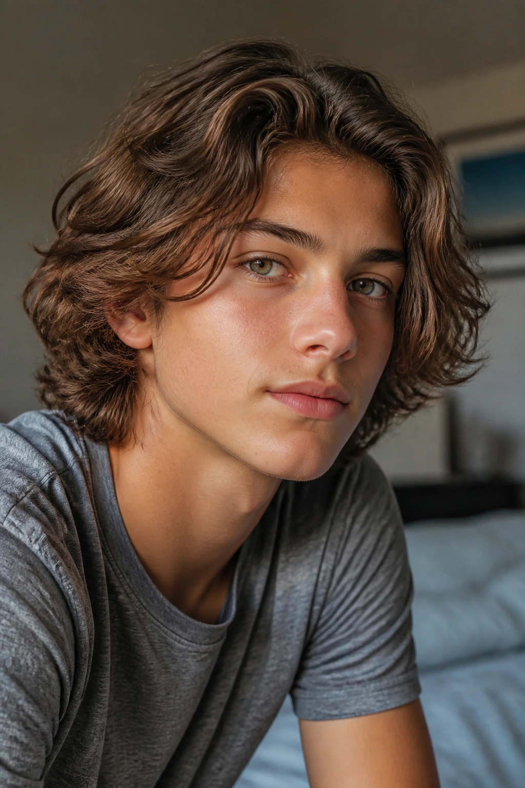 Portrait of a real boy with shoulder-length wavy hair in a soft grow-out cut