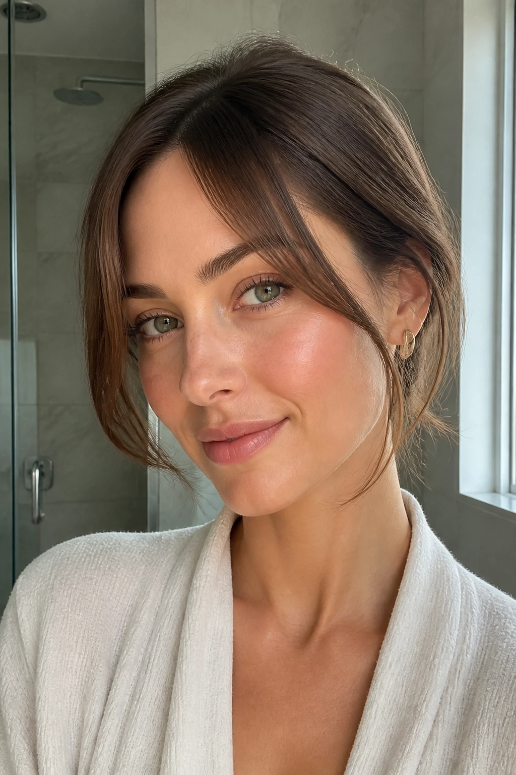 Close-up of a woman with a soft grow-out fringe blending into front layers