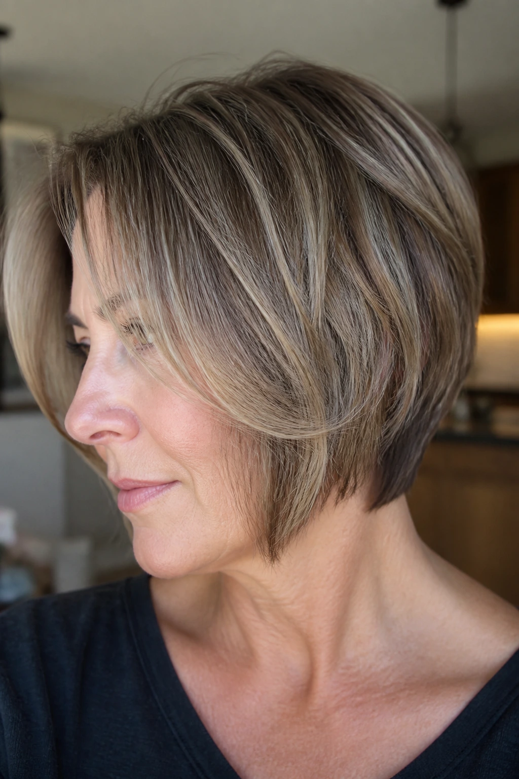 Real woman with soft grow-out inverted bob in warm home light
