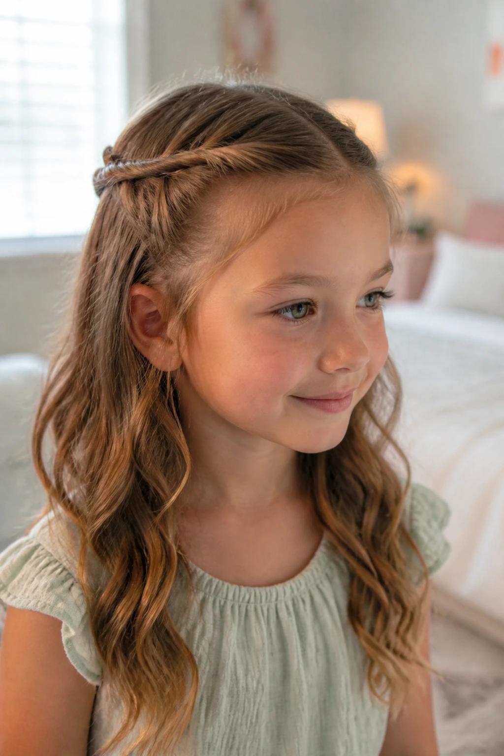Close-up of a real child with a soft half-up twist crown hairstyle
