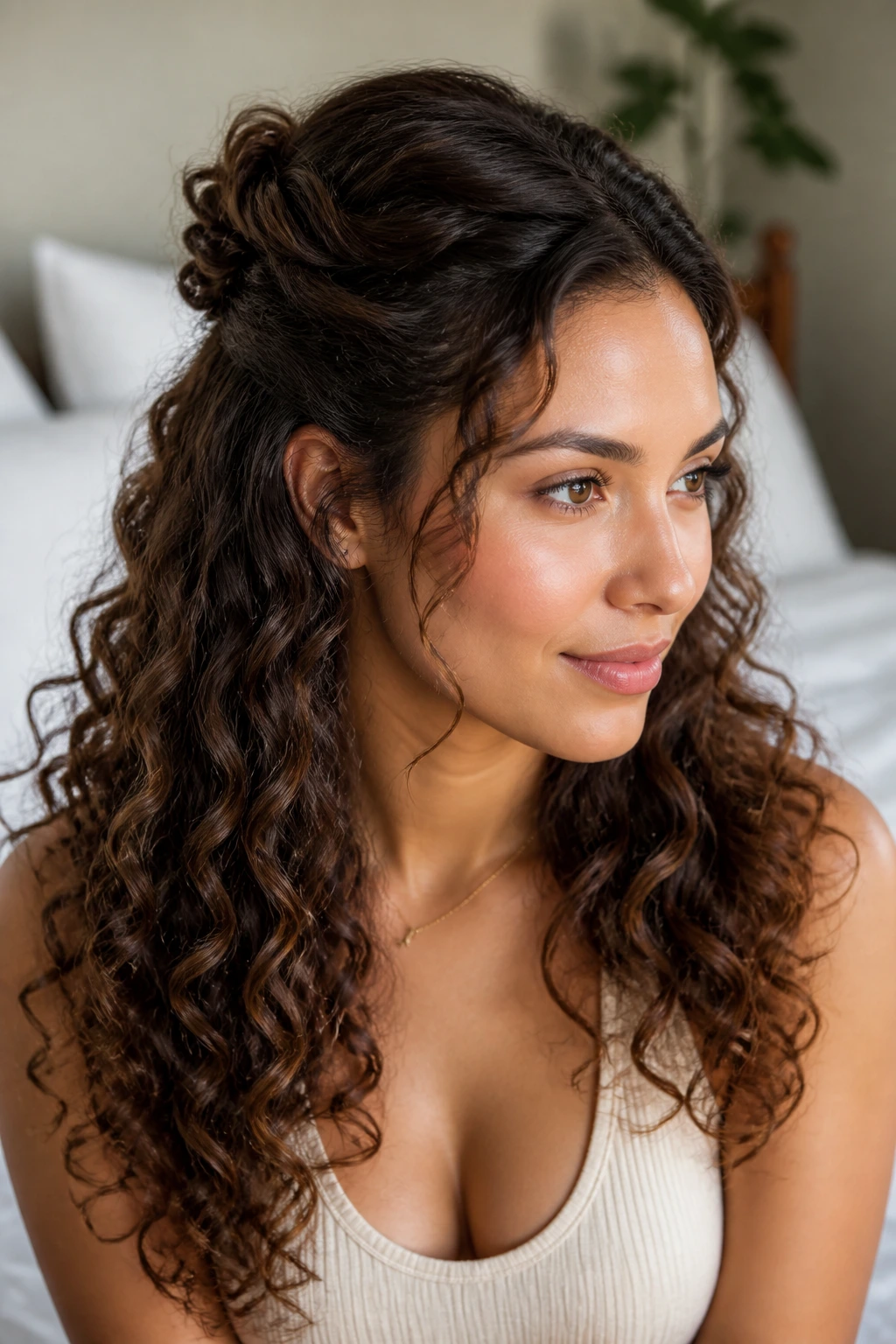 Portrait of a real woman with a soft half-up twist.