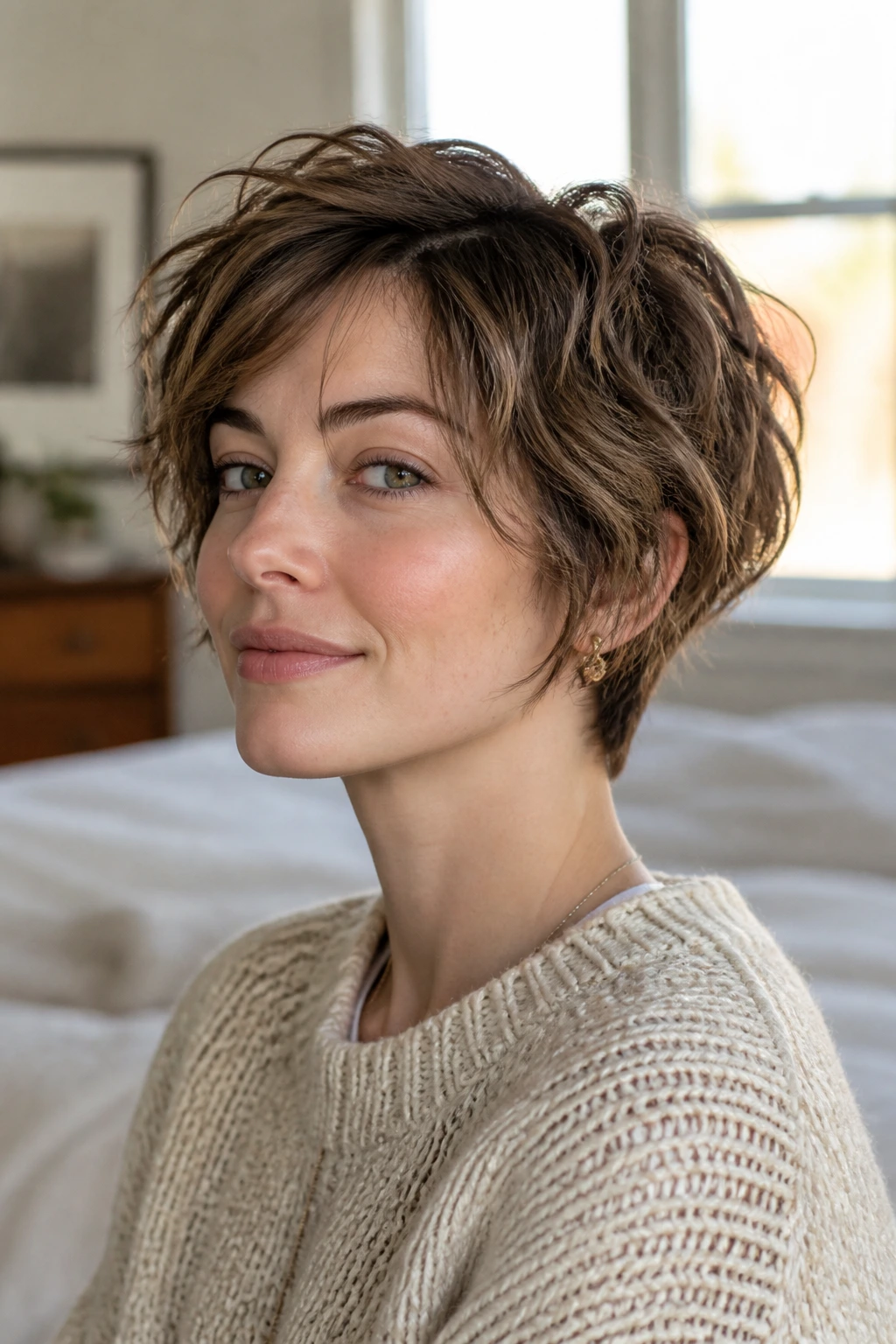 Close-up portrait of a real woman with a soft halo pixie bob featuring short nape and crown lift.