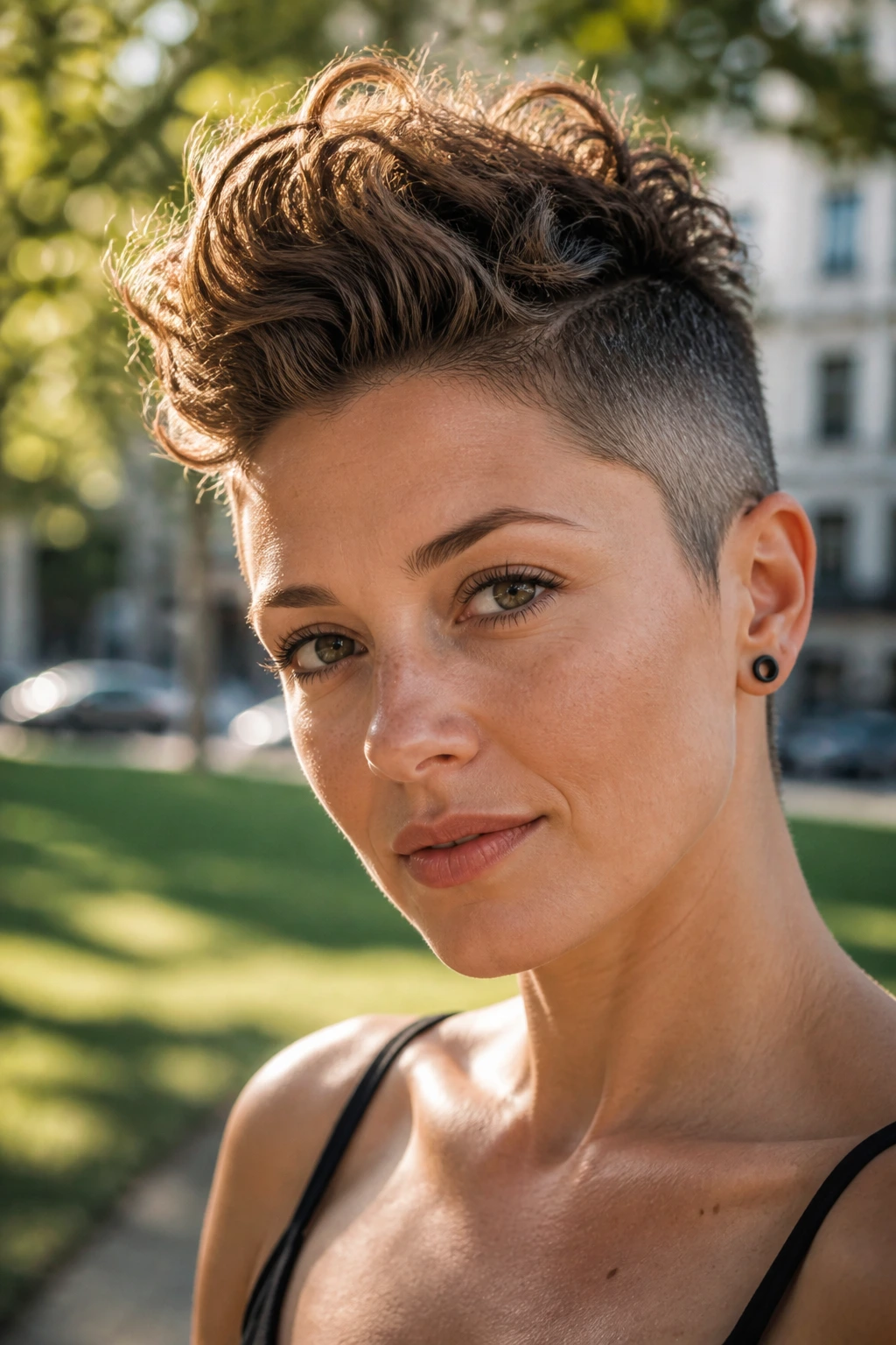 Close-up portrait of a person with Soft Hawk Crop showing short sides and lifted center strip.