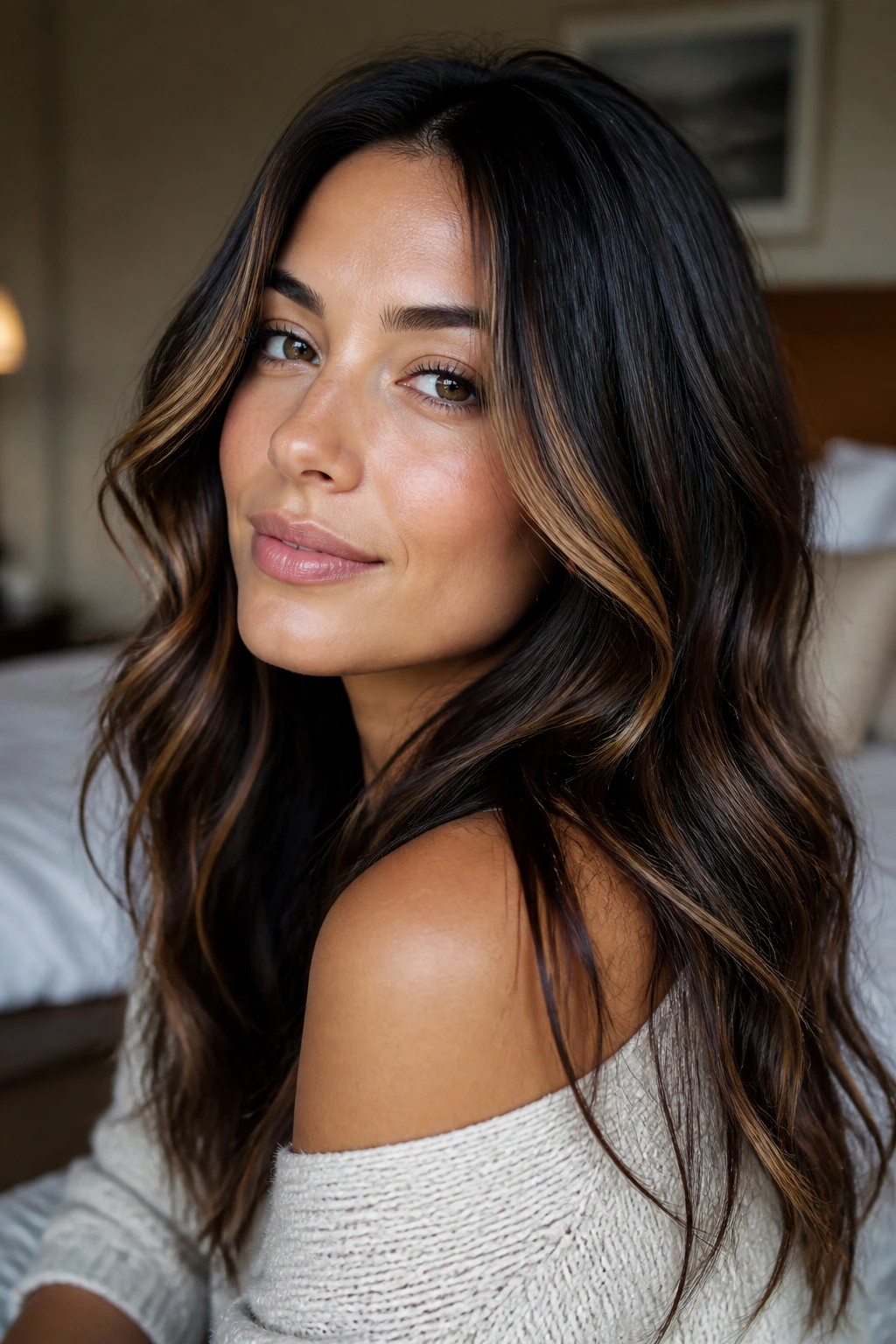Close-up portrait of a real woman with brunette hair and caramel highlights framing the cheekbones