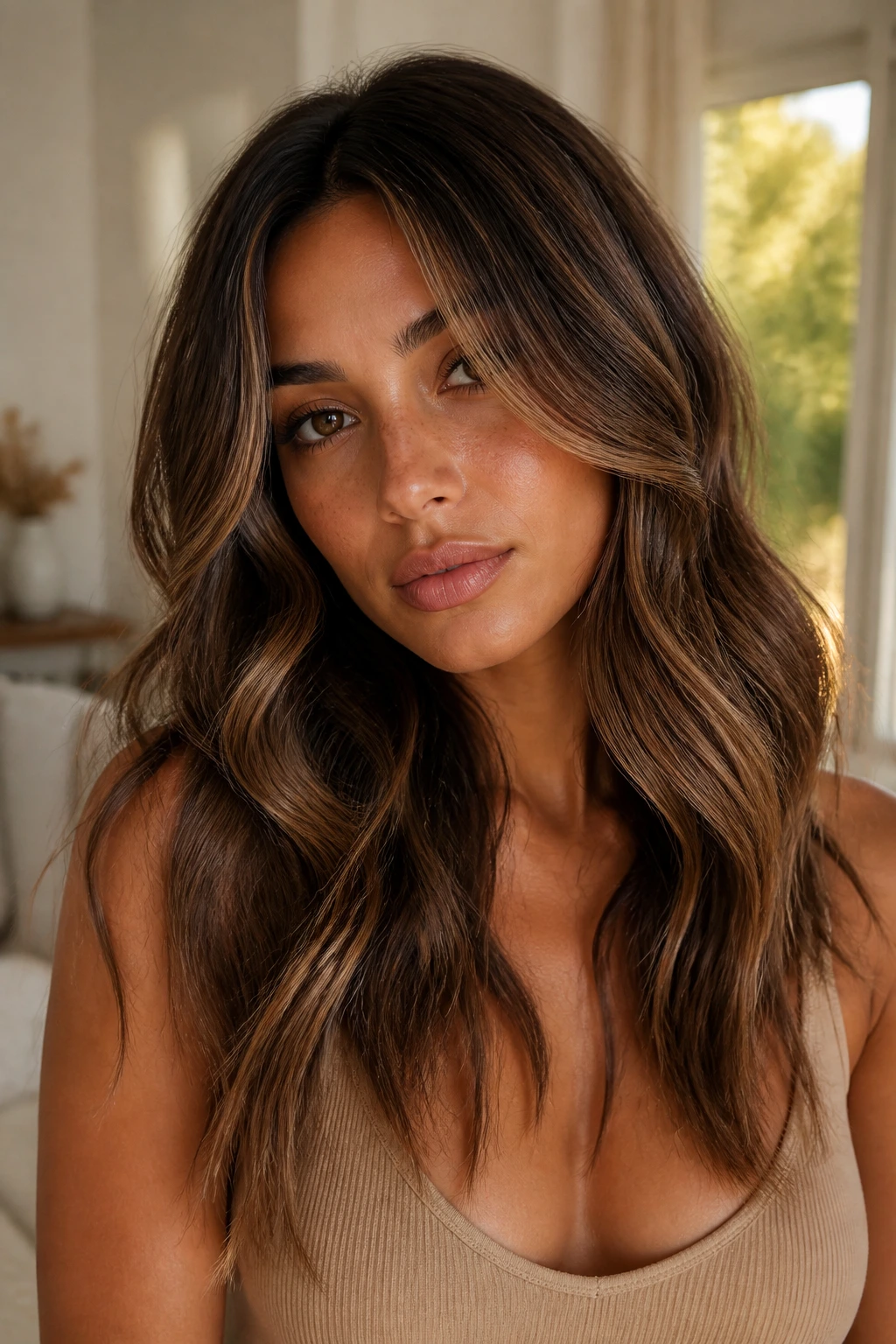 Portrait of a woman with soft caramel brunette highlights and loose waves.