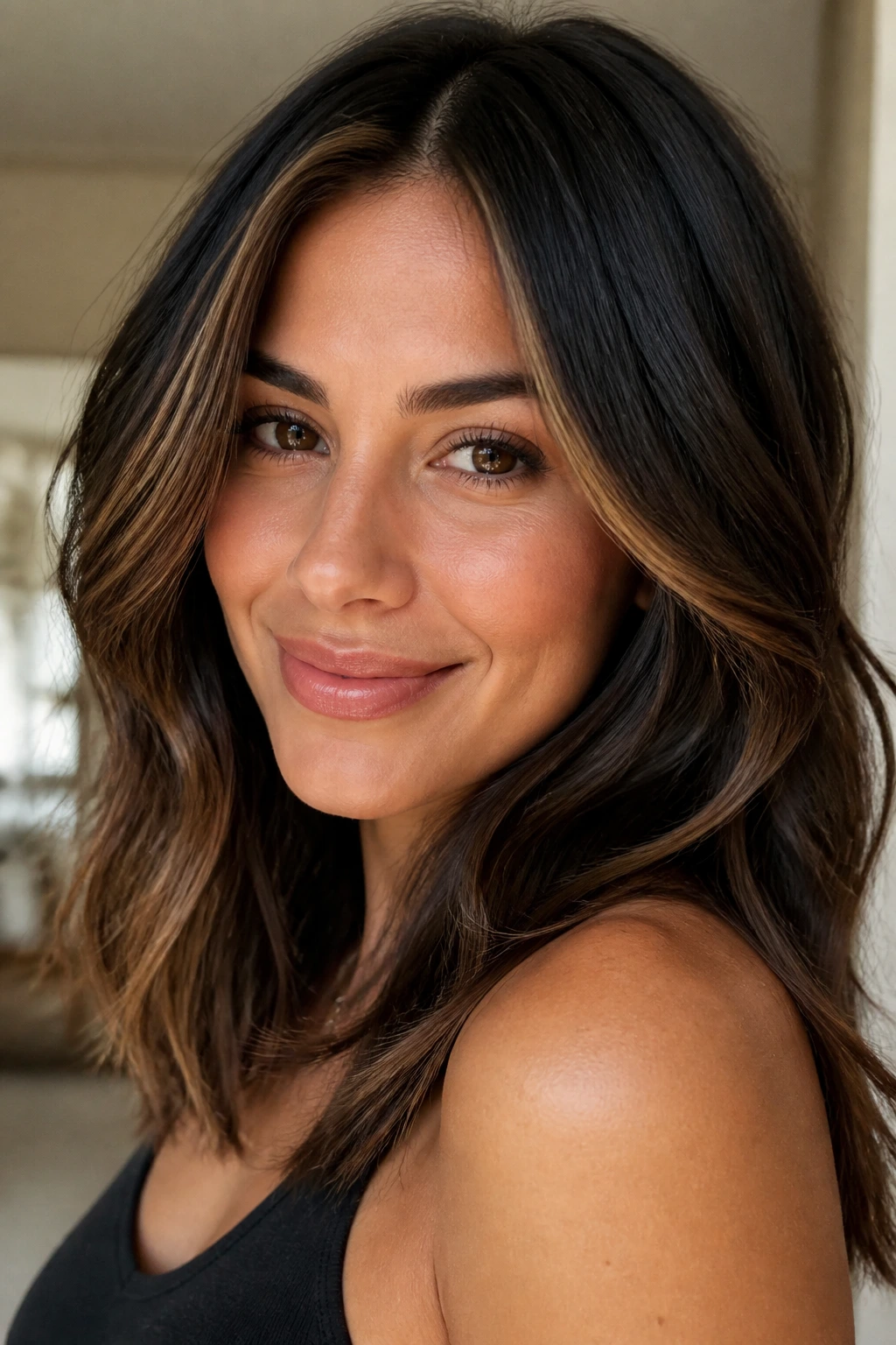 Close-up portrait of a real person with dark hair and caramel highlights around the cheekbones, oval face, soft window light