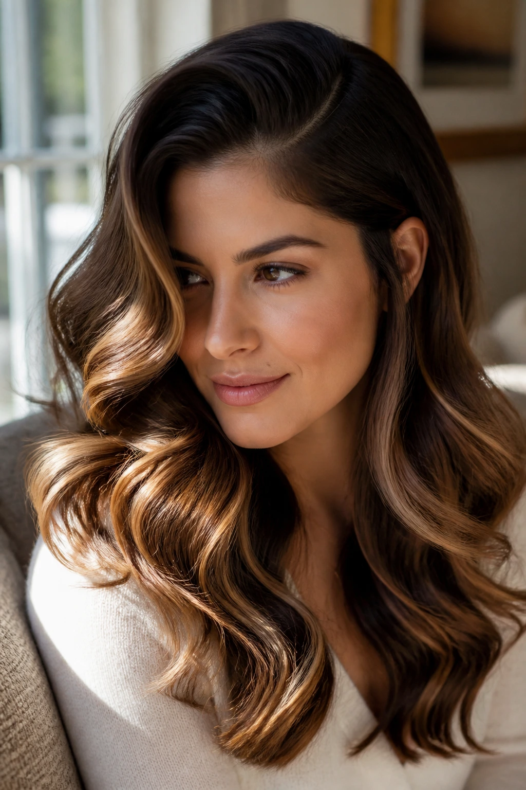 Close-up of soft Hollywood waves with a deep side part on a real person with caramel highlights