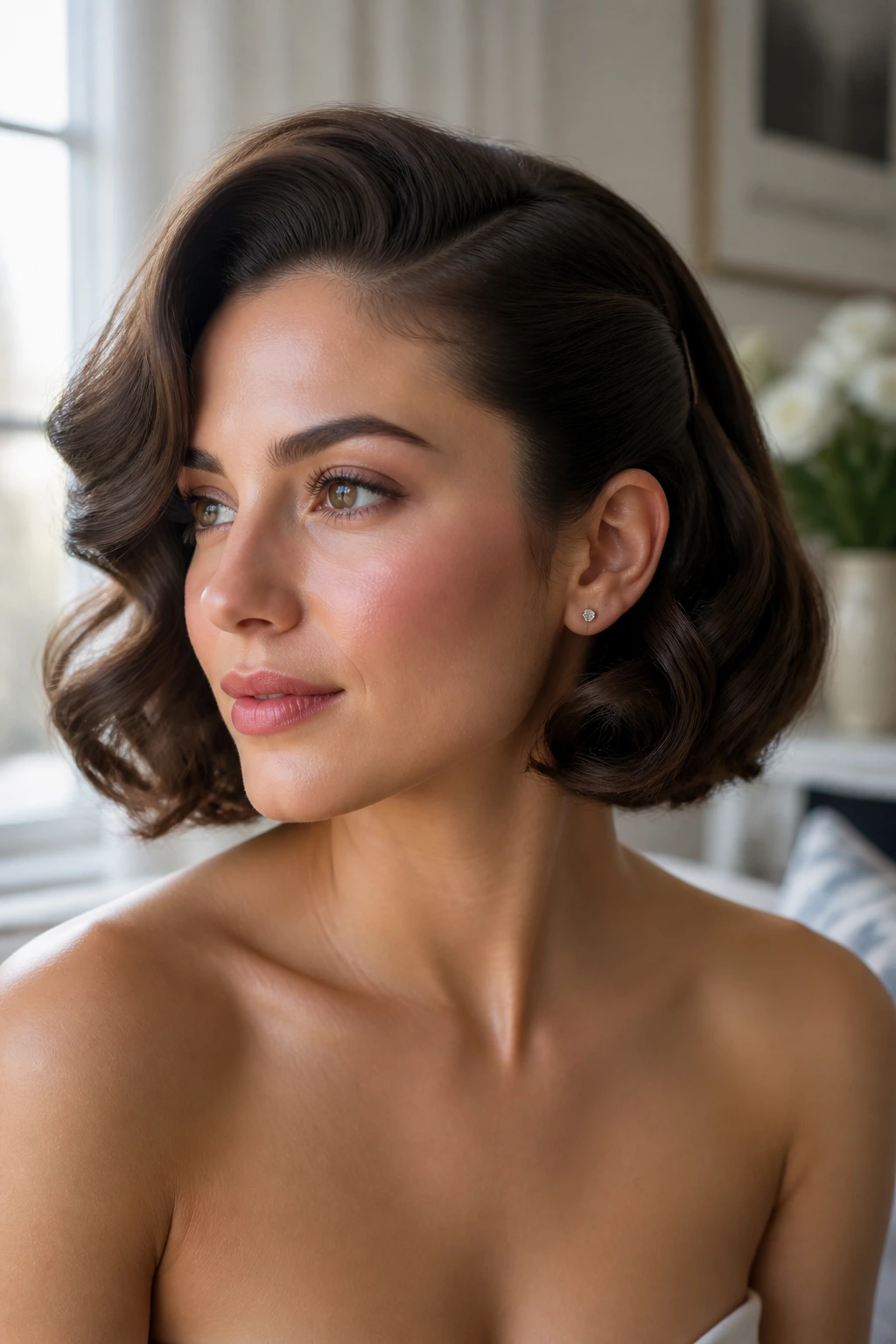 Close-up of a real woman with short thick hair styled into Soft Hollywood Waves with one side pinned behind the ear.