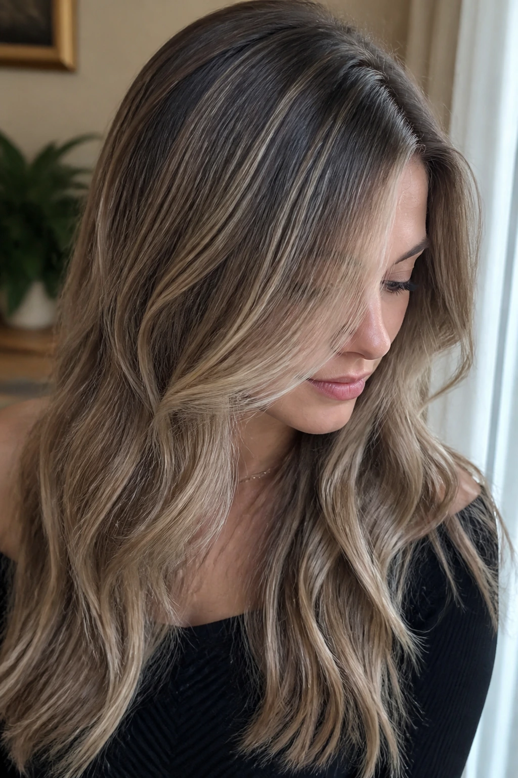 Portrait of a real person with ultra-fine soft honey babylights on cool-toned hair
