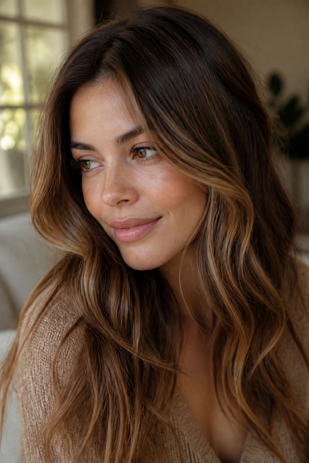 Brunette with soft honey blonde highlights on brunette base.