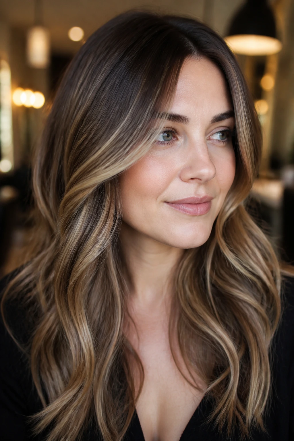 Close-up of a woman with dark base hair and soft honey dimension through the hair.