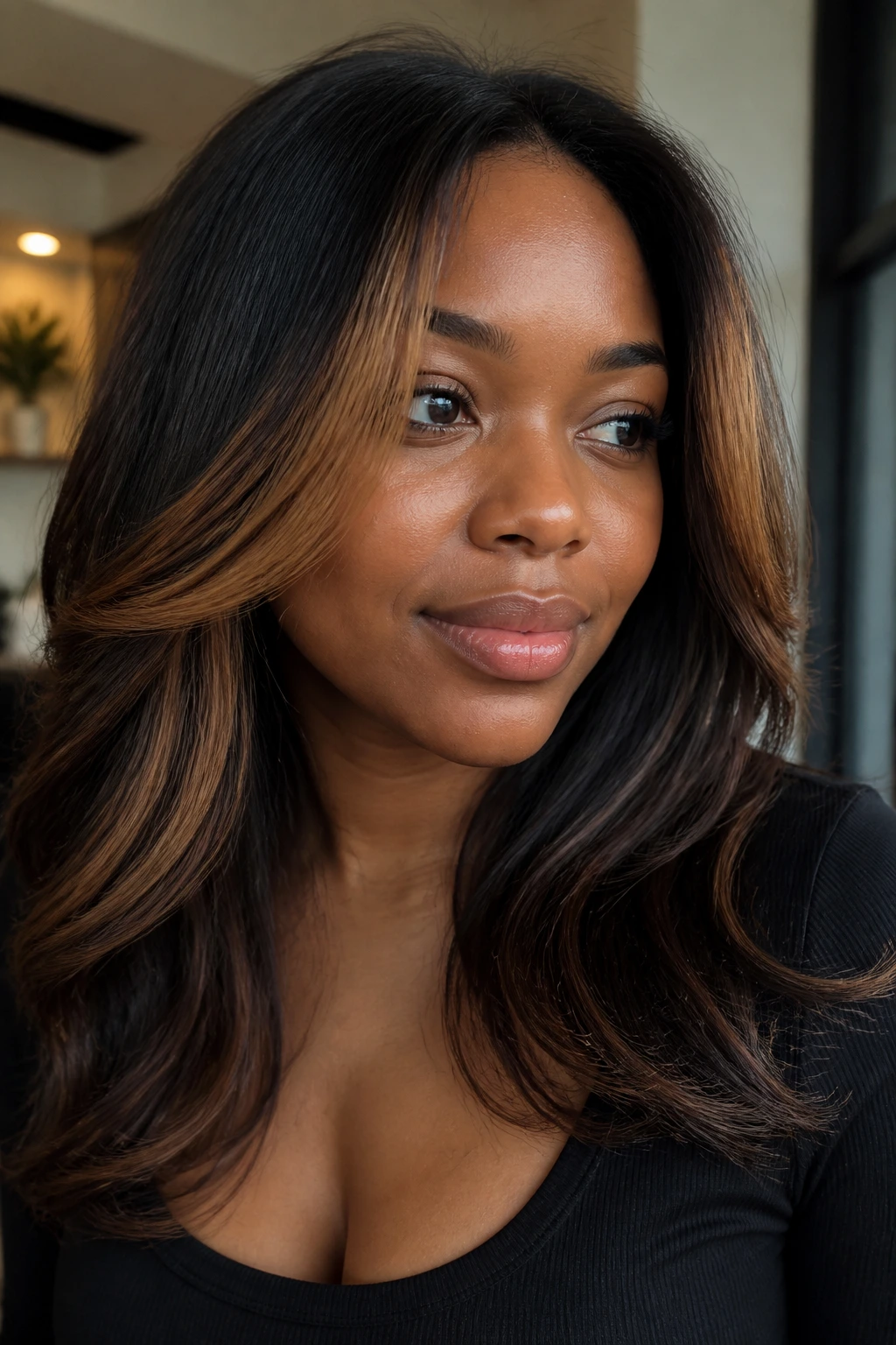 Close-up of a real person with soft honey face-framing layers.