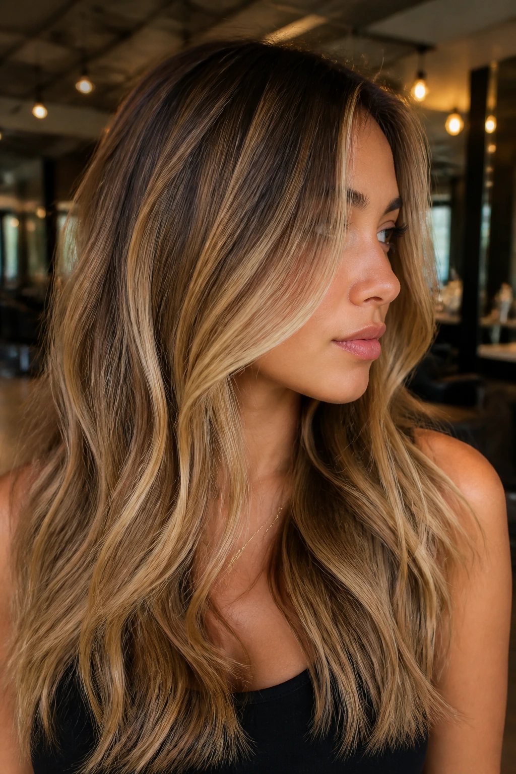 Close-up portrait of a real person with ribboned soft honey foilayage highlights