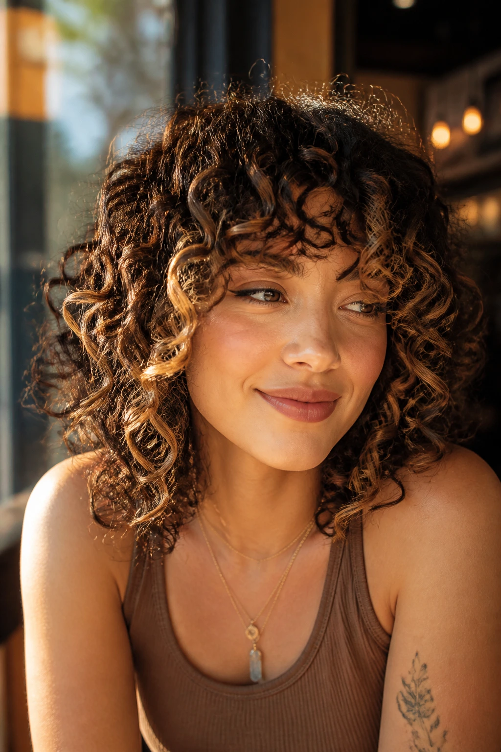 Close-up of a woman with a soft honey frame around curly hair in warm natural light