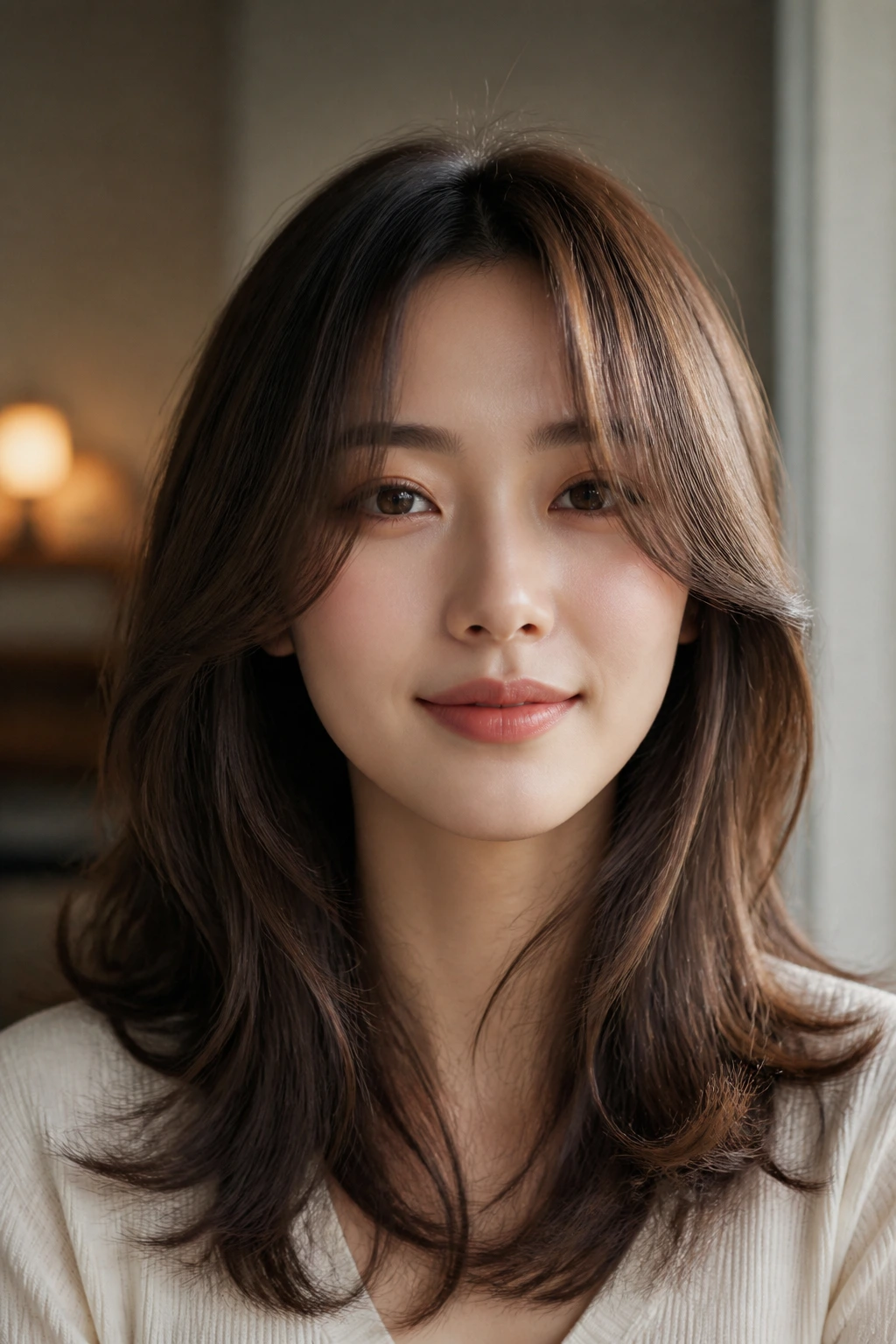 Portrait of a woman with the soft hush cut and soft edges.