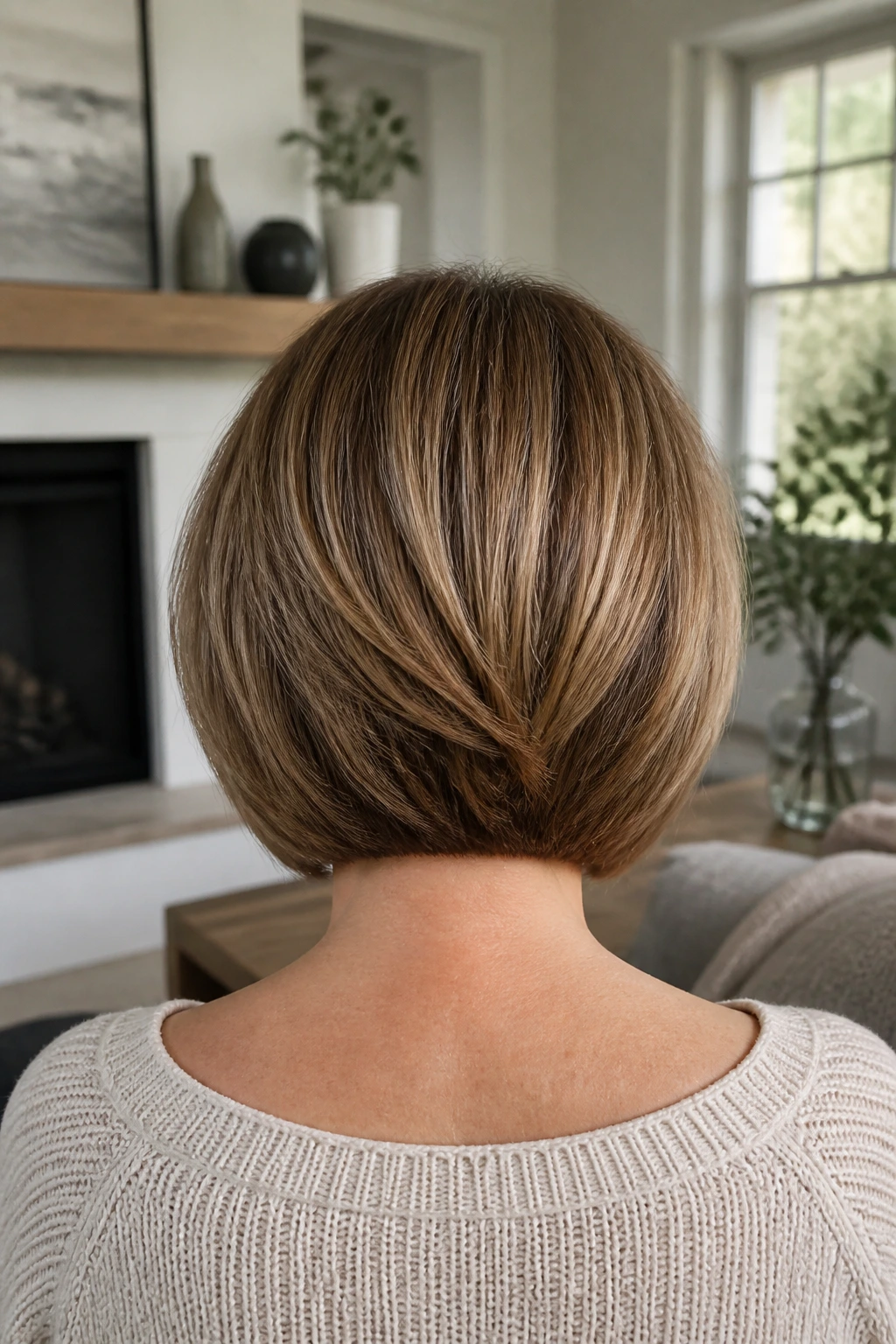 Back view of a real woman with soft internal layers bob and lifted crown