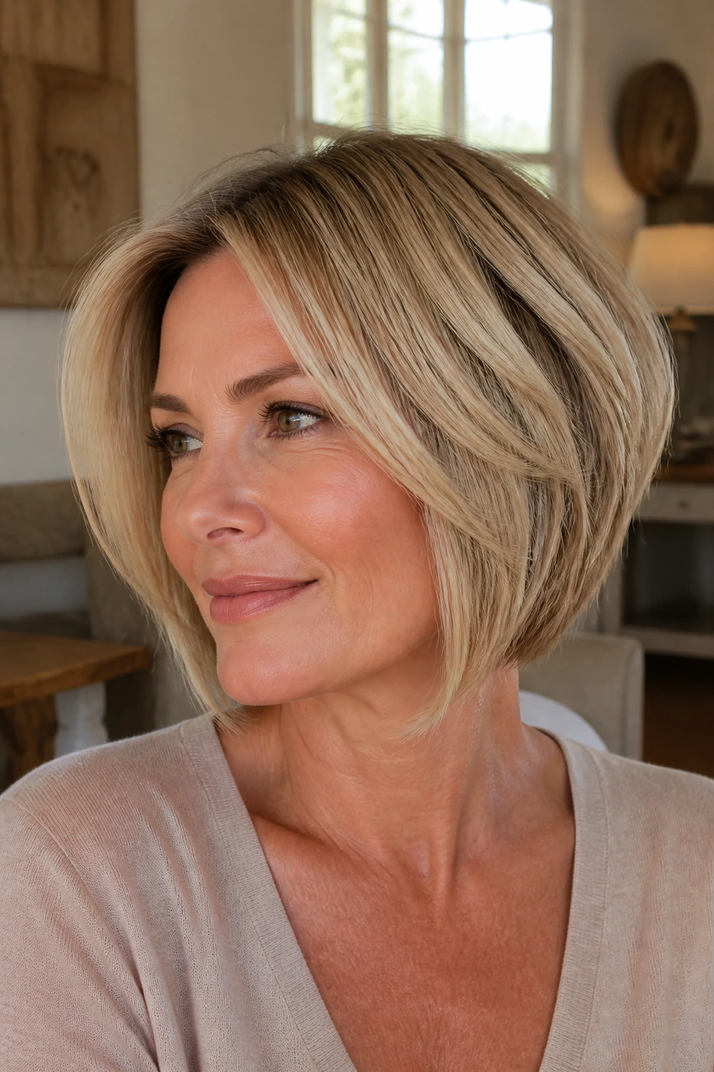Real woman with soft inverted bob, buttery blonde, warm natural light.