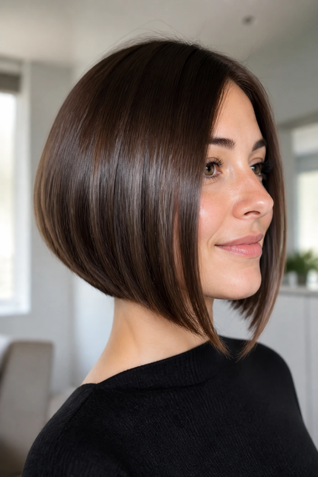 Real woman with soft inverted bob and glassy shine in natural daylight