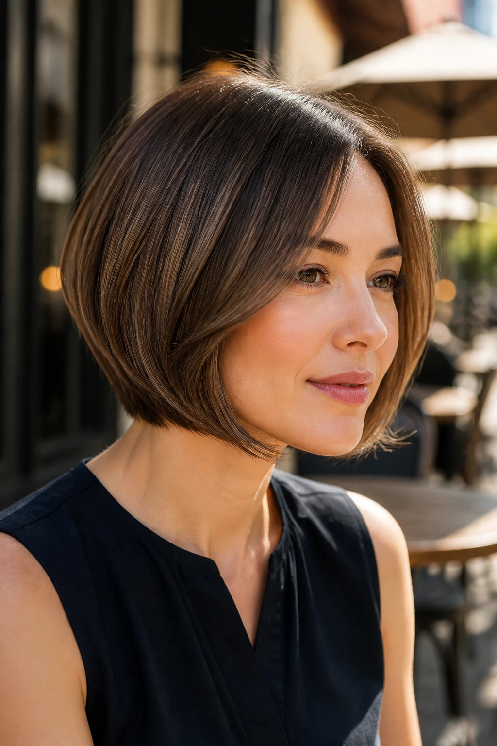 Close-up of a real person with a soft inverted bob in sunlight at a cafe.