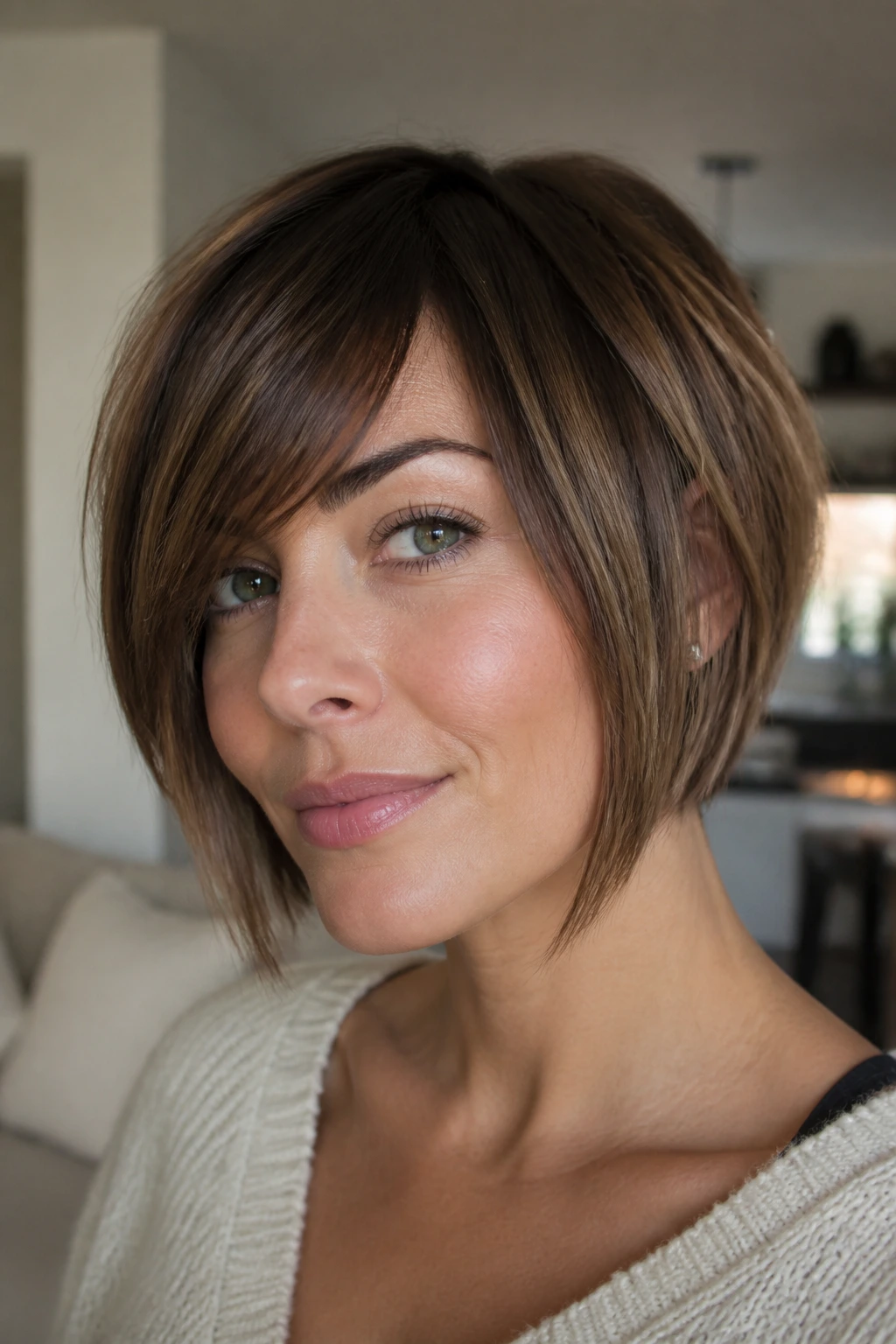 Close-up portrait of a real woman with a soft inverted bob and side-swept bangs in natural light