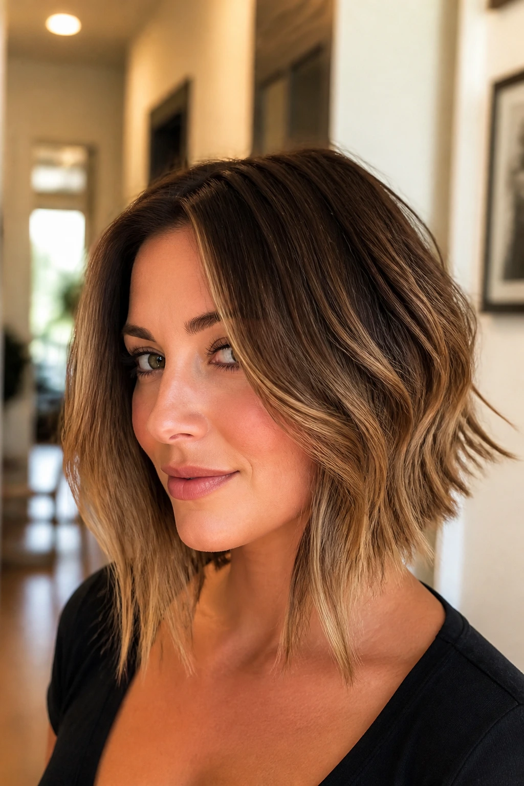 Close-up portrait of a real woman with a soft inverted lob hairstyle