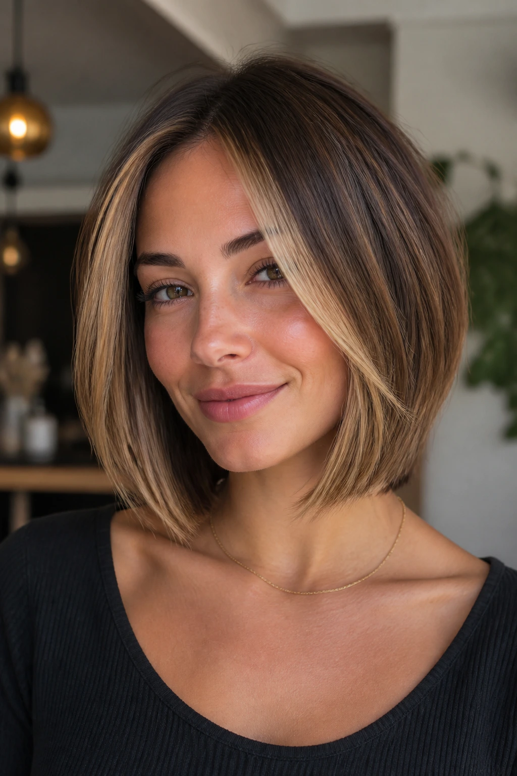 Close-up of a real woman's soft inverted lob with lightened front corners and caramel highlights.