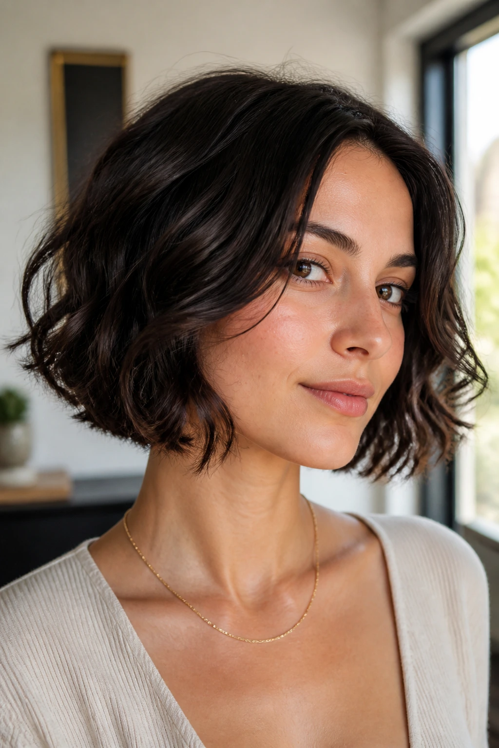 Portrait of a person with a soft jawline bob and invisible interior layers.