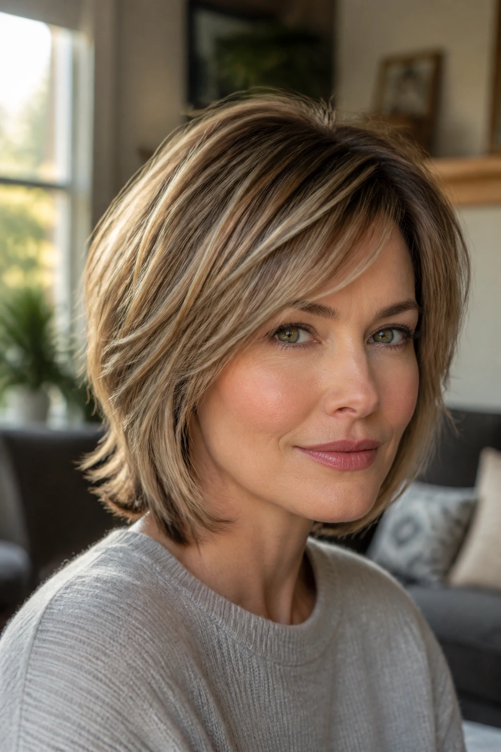Portrait of a real woman with a softly layered crown, showing how fine hair can look fuller and square jaw softened.