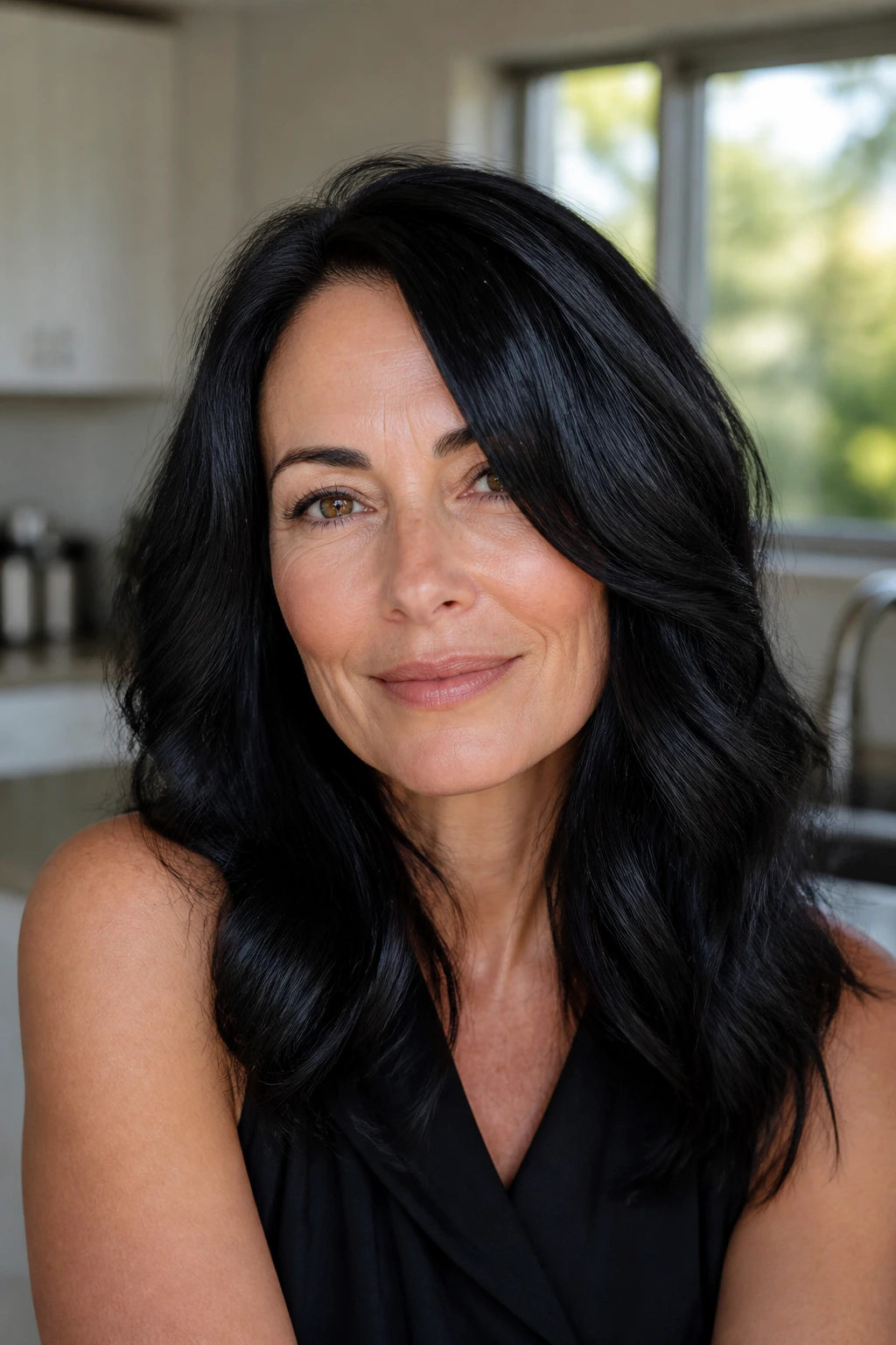 Close-up of soft jet black hair with dimensional gloss on a real woman