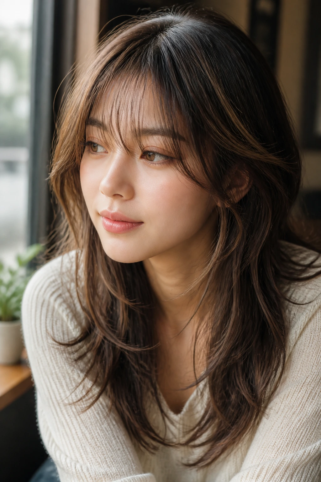 Close-up of a real woman with Soft Korean Shag and see-through bangs with caramel highlights.