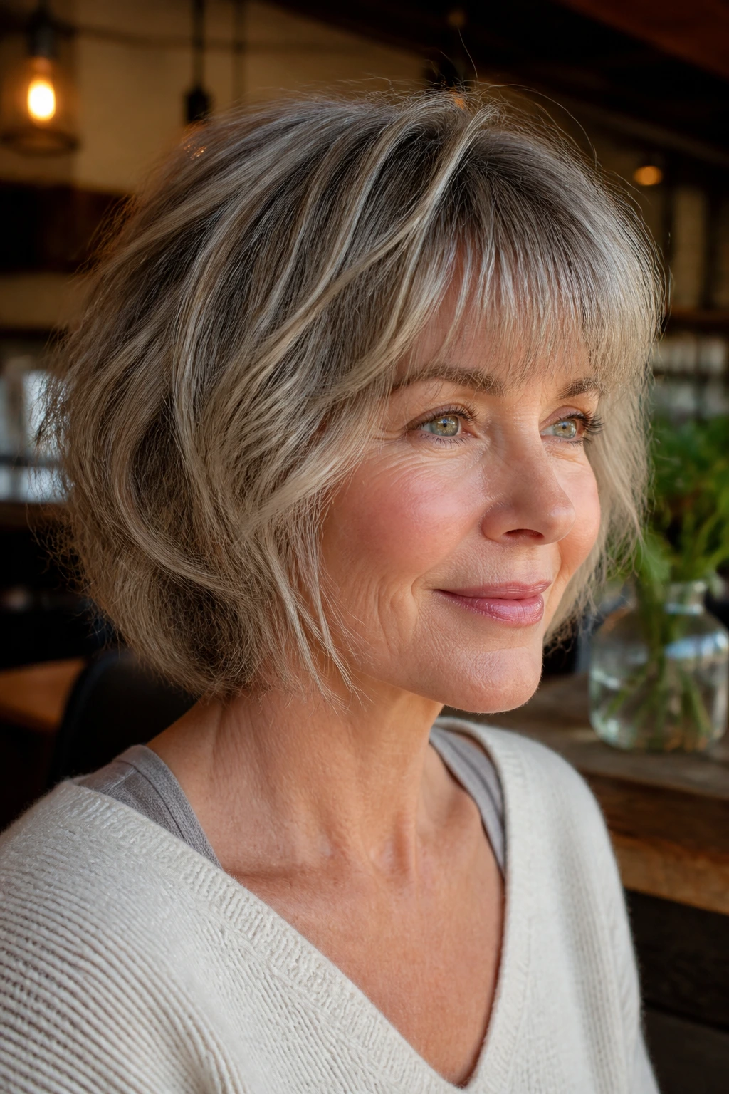 Portrait of a woman with a soft layered bob and feathered fringe