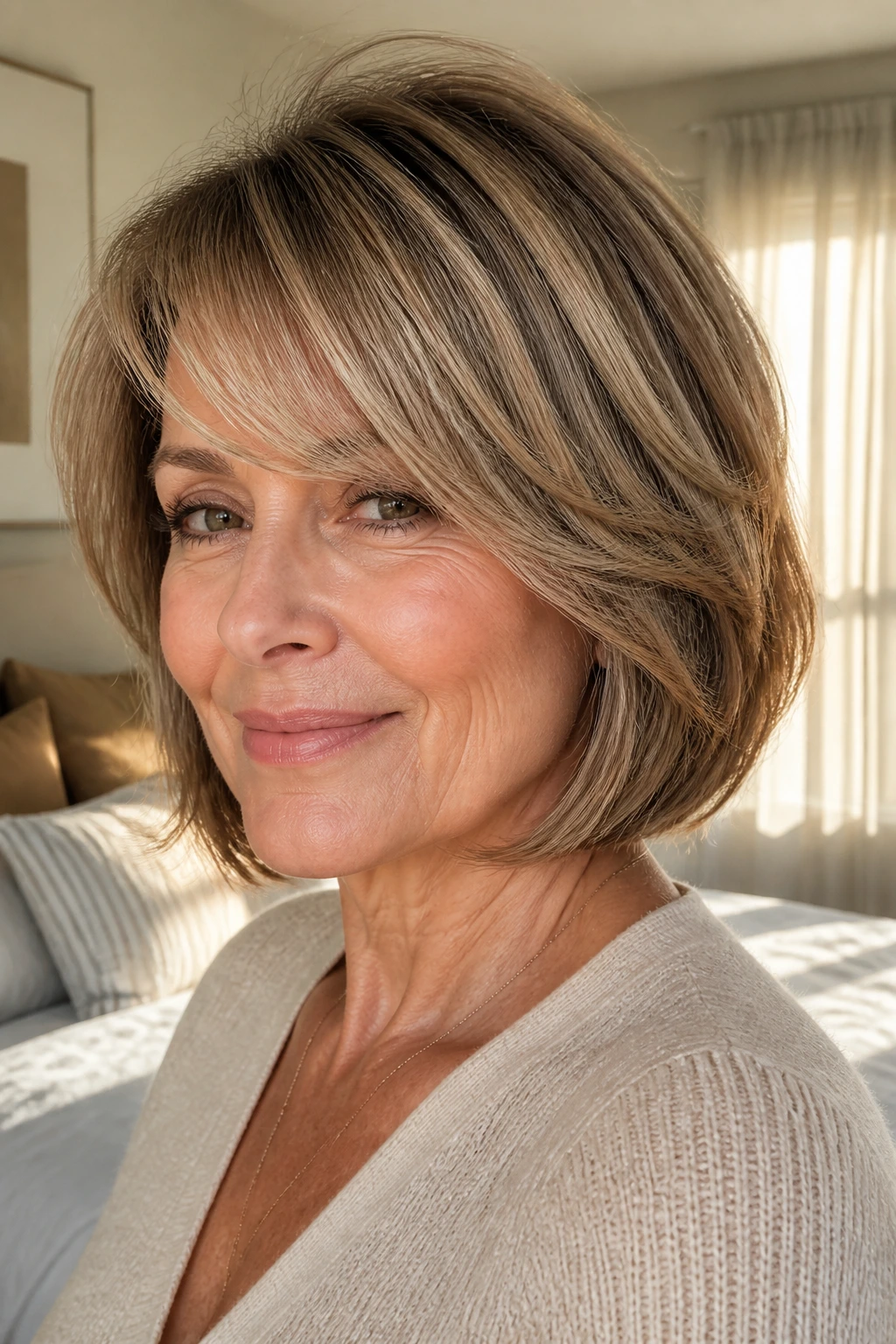 Portrait of a real woman with a soft layered bob and diagonal side-swept fringe