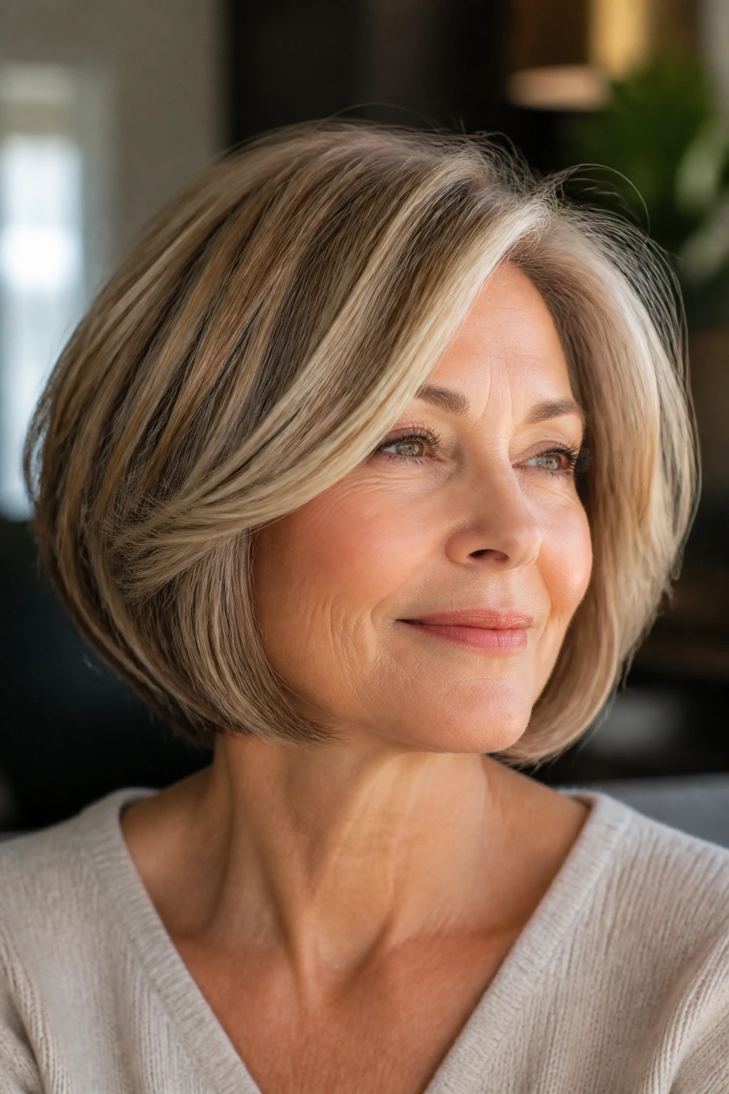 Older woman with chin-length soft layered bob showing jawline lift