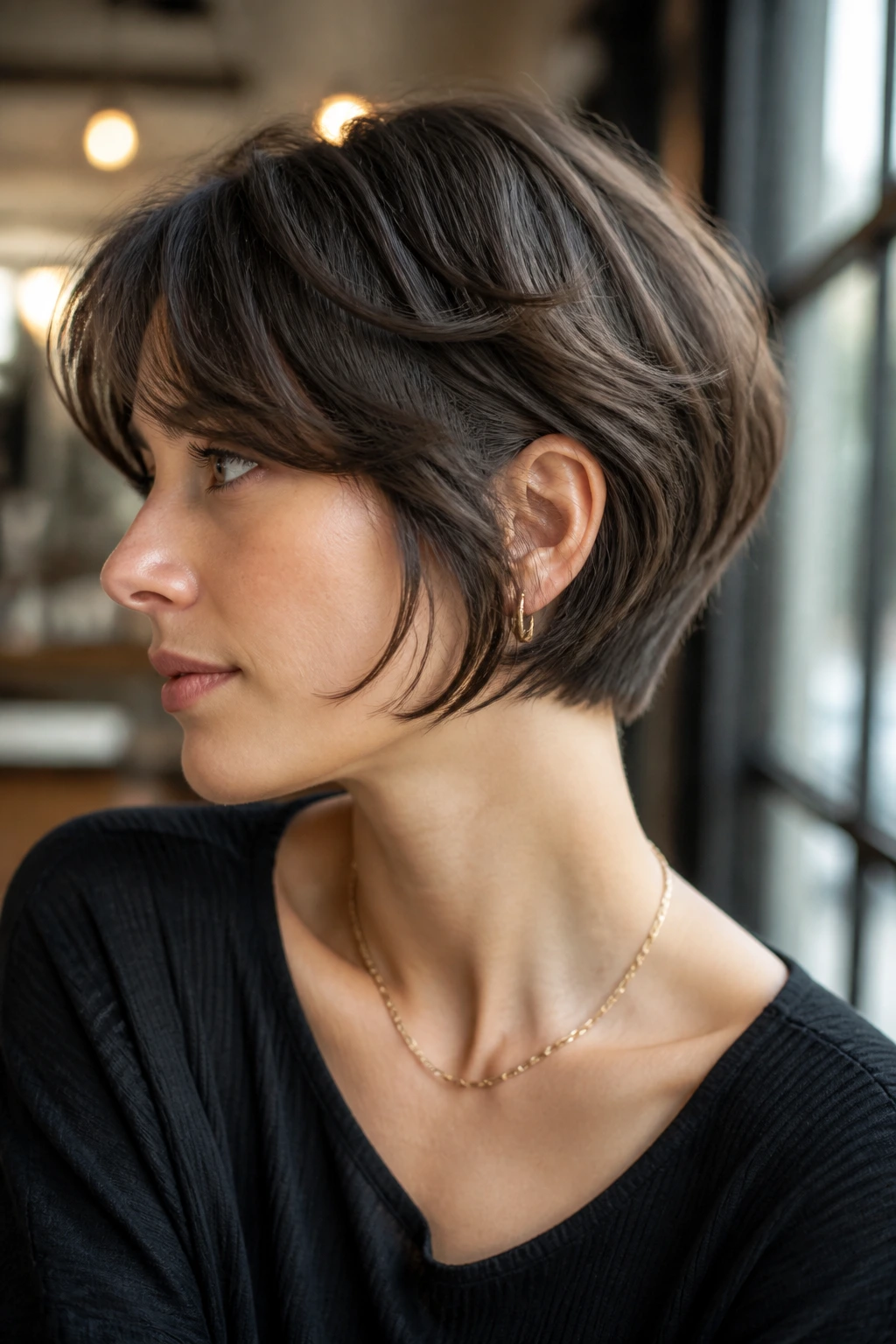 Portrait of a real woman with a soft layered bob and tucked nape.