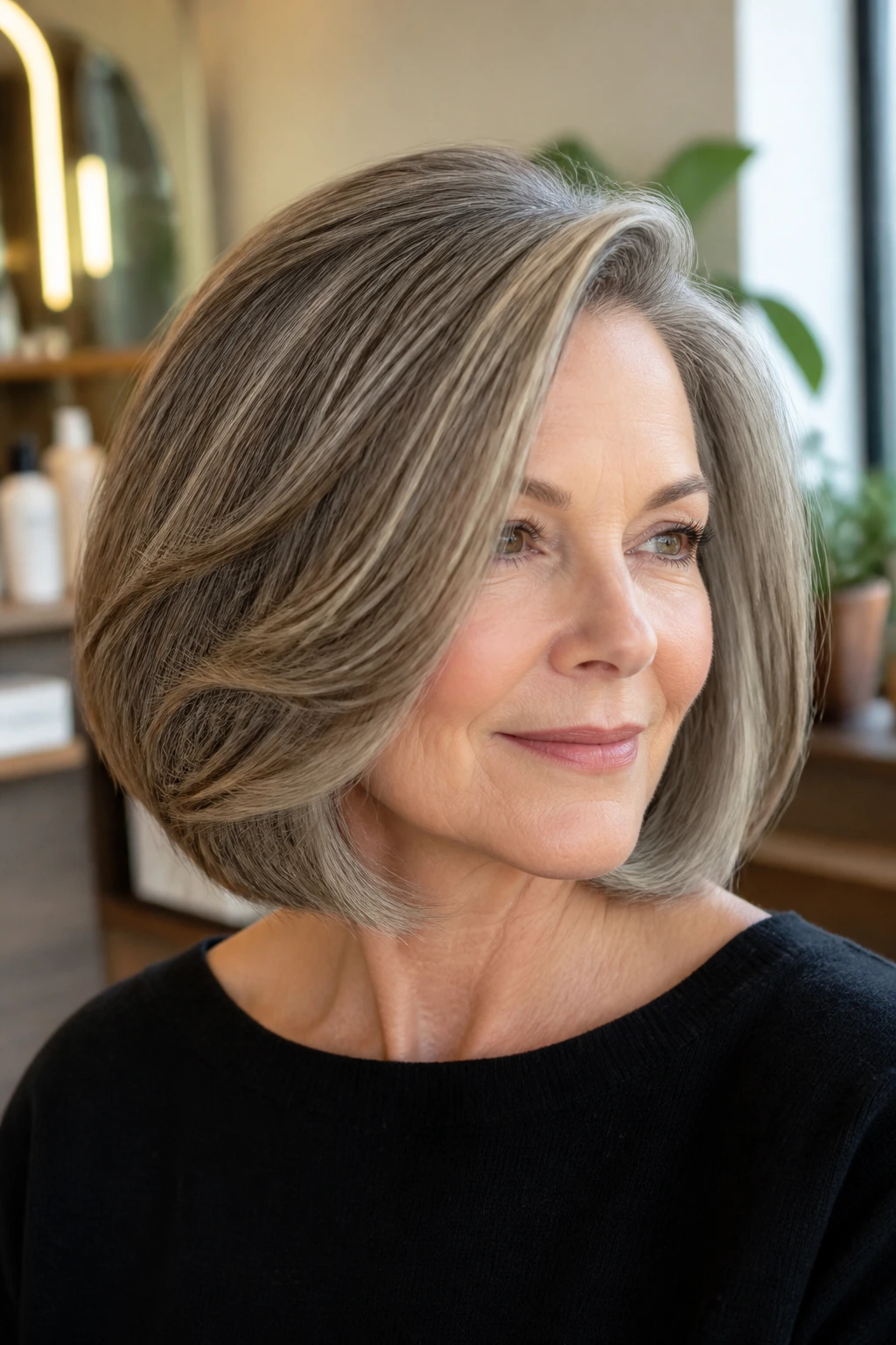 Soft layered side-part bob on real woman in cozy setting