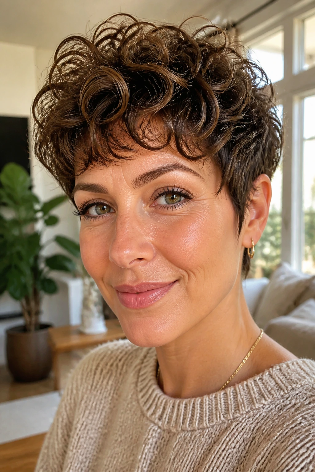 Close-up of a real person with soft layered curly pixie and airy crown in a bright living room