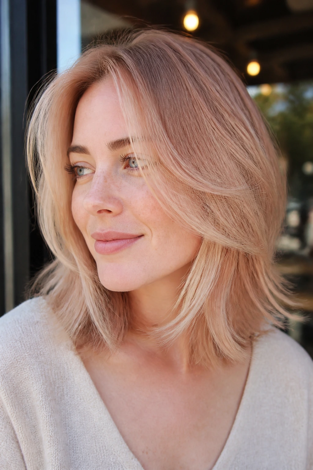 Real woman with soft layered lob and beige strawberry toner in natural light