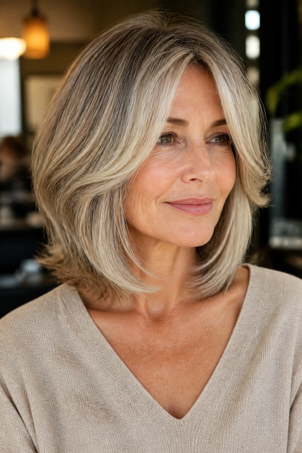 Real woman with soft layered lob and face-framing pieces close-up
