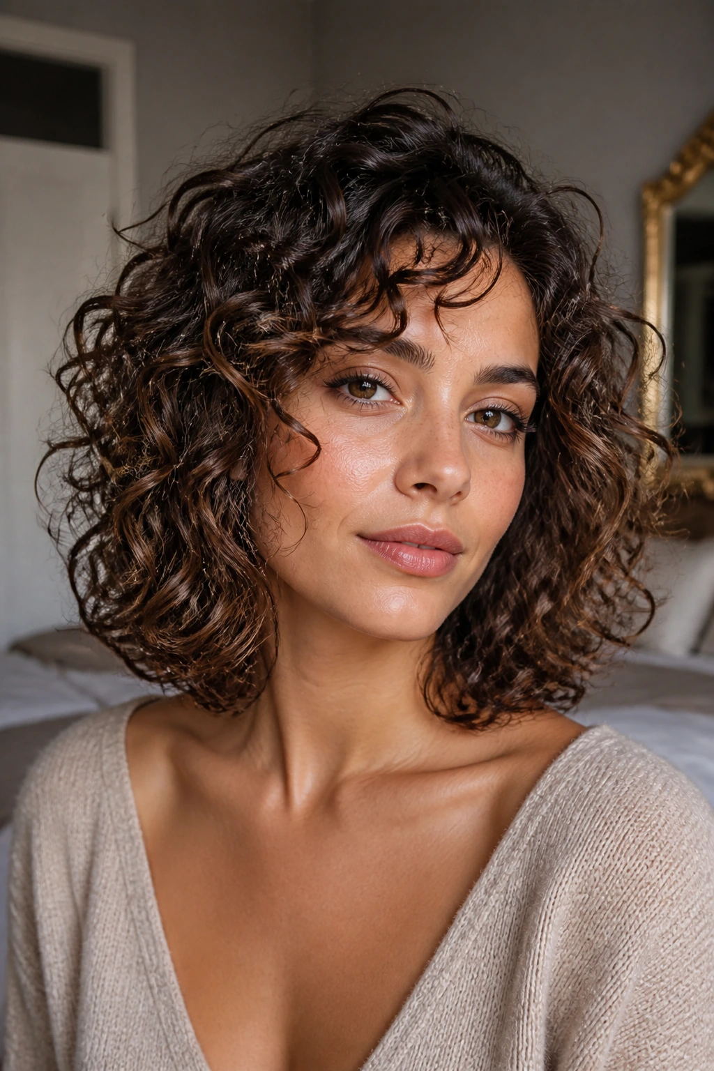 Close-up of woman with soft layered lob curls framing the face