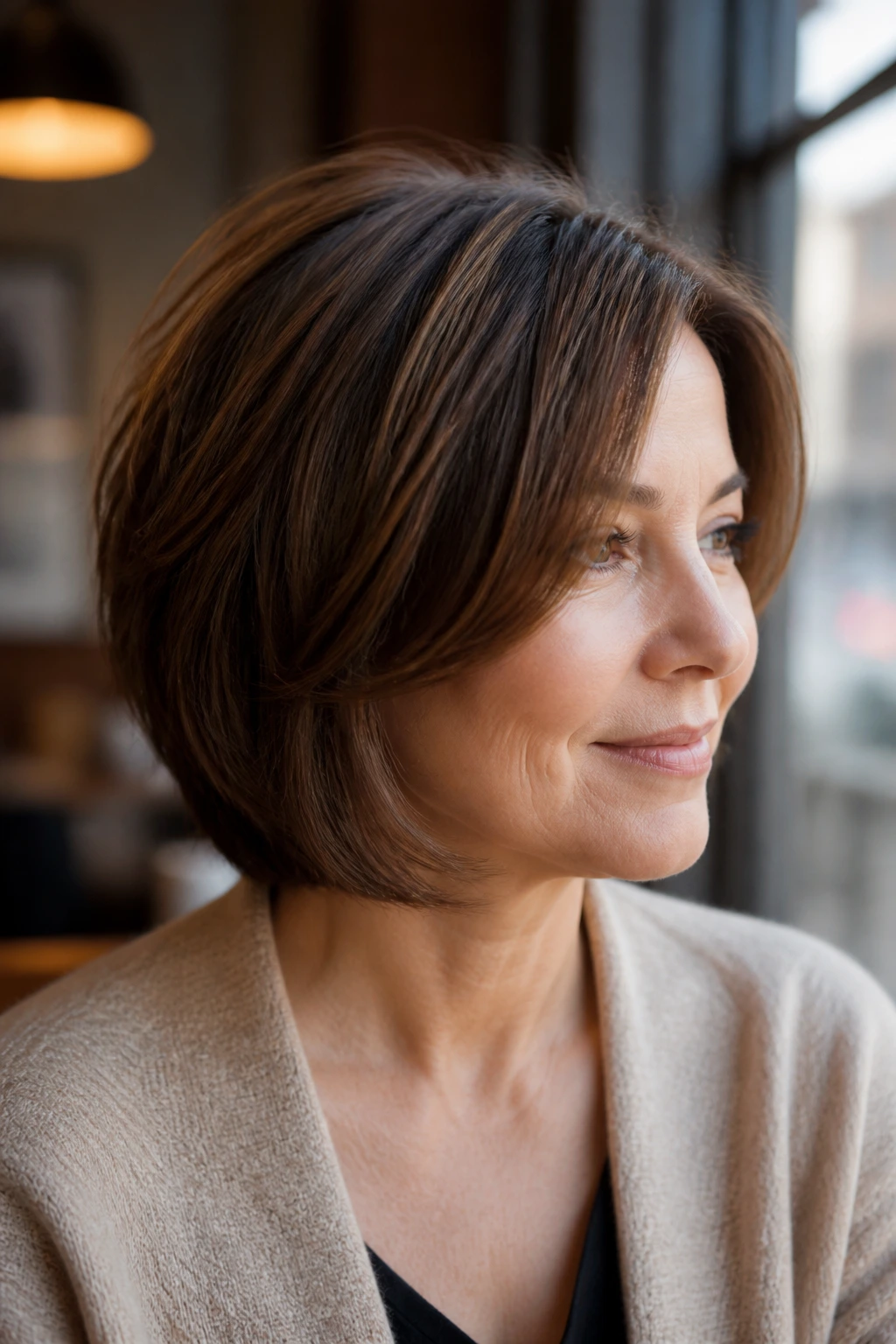 Portrait of a woman with soft layered neck bob